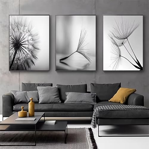 IHHGNB Schwarz-weiße Löwenzahnblumen-Wandkunstdrucke und Poster, nordische Leinwandgemälde, Bilder für Wohnzimmer, Heimdekoration (50 x 75 cm (20 x 30 Zoll) x3 / ohne Rahmen) von IHHGNB