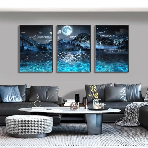 IHHGNB Segelboot auf dem See, tiefe Leinwanddrucke, Mondlicht, Berg, Naturlandschaft, Poster, Wandkunst, Gemälde, Bilder (40 x 50 cm (16 x 20 Zoll) x3 / ohne Rahmen) von IHHGNB