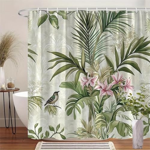 IHHGNB Tropischer botanischer Duschvorhang, rosa Lilien und Vogel auf einem AST, maschinenwaschbarer Duschvorhang aus Polyester, 119 x 183 cm (47 x 72 Zoll) von IHHGNB
