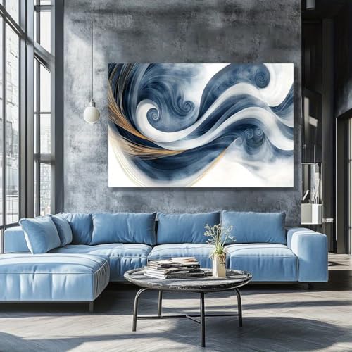 IHHGNB Wirbelndes blau-weißes abstraktes Kunstwerk, Leinwandgemälde, Drucke, moderne Wandkunst für Wohnzimmer, Schlafzimmer, Küchendekor (60 x 80 cm (24 x 31 Zoll) / ohne Rahmen) von IHHGNB