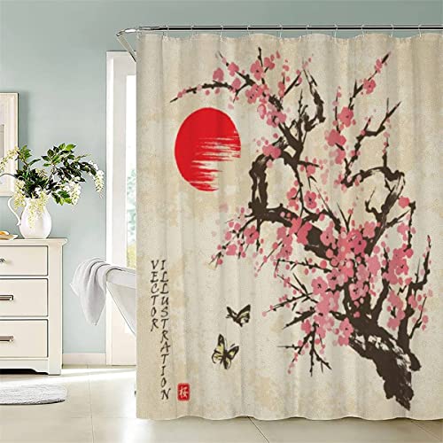 IHIPPO Lang Duschvorhang 240x200 Japanischer Stil Cherry Blossom Red Sun Duschvorhänge Extra Breit Bathroom Waschbar Anti Schimmel Duschvorhang Sommer Weiß Schwarz Grau Grün Bunt von IHIPPO