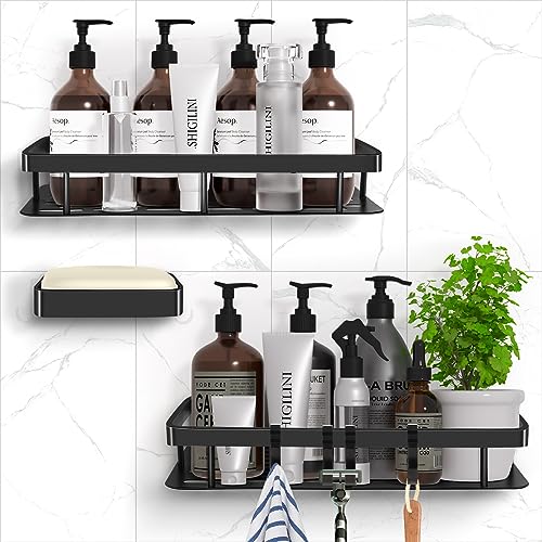 IHKFILAN Duschablage Ohne Bohren, 2 Stück Duschkorb, Aluminium Badezimmer Regal, mit 1 Stück Seifenschale 6 Klebeflächen und 4 Haken, Selbstklebendes Oder Bohren Badezimmer Dusch Organizer von IHKFILAN