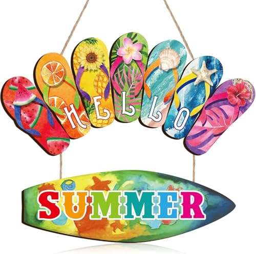 Hello Summer Hängende Türschild Dekor Sommer Tür Wanddekor Schild Türschild Rustikales aus Holz Hausschuhe Surfbrett Sommer Hängende Dekorationen für Indoor Outdoor Garten und Partydeko (B) von IHLOOTD