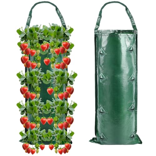 IHLOOTD Erdbeer Pflanzsack 2 Stück Erdbeeren Pflanztasche 8 Löchern Hängend Erdbeer Pflanztaschen Mit Henkeln Erdbeeren Pflanzsäcke Erdbeerpflanzen Pflanzbeutel Hängend für Erdbeere, Kräuter, Gemüse von IHLOOTD