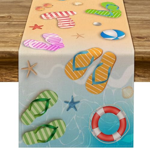 Sommer Tropischer Thema Tischläufer Sommerliche Tischläufer Dekoration Hawaii Tischläufer mit Flip-Flops und Seestern für Pool-Party, Küche, Ferienhaus Deko von IHLOOTD