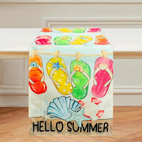 IHLOOTD Tropischer Sommerlicher Tischläufer Dekoration Hawaii mit Flip-Flops und Seestern für Pool-Party, Küche, Ferienhaus Deko von IHLOOTD