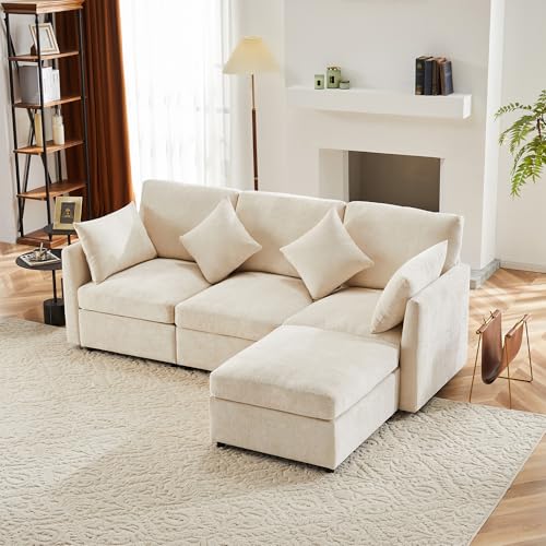 3 Sitzer Sofa mit Fußhocker aus Chenille-Stoff 216x72.5x81 cm (BxTxH), Hohe Rückenlehne mit Seidenbaumwolle-Füllung | Wohnzimmersofa, Couch L Form mit Schlaffunktion, Beige von IHO SOFA