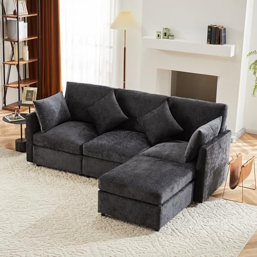 3 Sitzer Sofa mit Fußhocker aus Chenille-Stoff 216x72.5x81 cm (BxTxH), Hohe Rückenlehne mit Seidenbaumwolle-Füllung | Wohnzimmersofa, Couch L Form mit Schlaffunktion, Grau von IHO SOFA