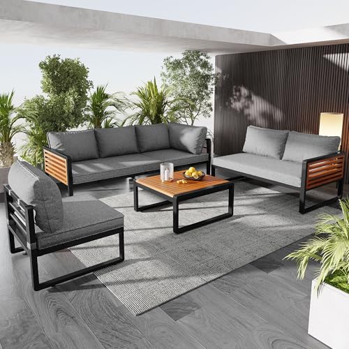 5-TLG Balkonset Gartenmöbel Set für 5-6, Outdoor Loungemöbel Set mit 2 2er-Sofa, 1 Ecksofa, 1 Einzelstühl und 1 Tisch, Ecklounge Outdoor Loungesofa aus Verzinktem Eisengestell, Grau von IHO SOFA