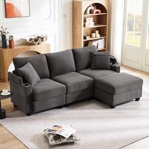 Couch 3 Sitzer Ecksofa in L-Form 213.5x139x87 cm (BxTxH) aus Cord mit USB-Ladestation & Getränkehalter, Multifunktion Sofa mit Hocker & 2 Kissen, Eckcouch für Wohnzimmer Dunkelgrau von IHO SOFA
