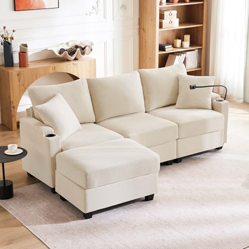 Couch 3 Sitzer Ecksofa in L-Form 213.5x139x87 cm (BxTxH) aus Cordstoff mit USB-Ladestation & Getränkehalter, Multifunktion Sofa mit Hocker & 2 Kissen, Eckcouch für Wohnzimmer Beige von IHO SOFA