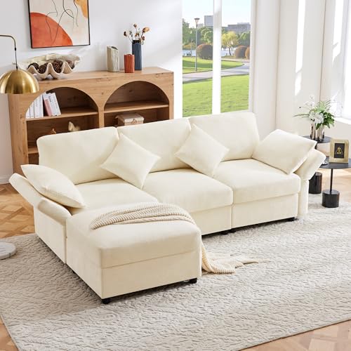 Couch 3 Sitzer Ecksofa in L-Form 218x156.5x86 cm (BxTxH) mit Verstellbaren Armlehnen & Fußhocker, Chenille Stoff Schlafsofa mit 4 Kissen Eckcouch für Wohnzimmer, Schlafzimmer Beige von IHO SOFA