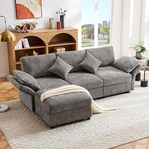 Couch 3 Sitzer Ecksofa in L-Form 218x156.5x86 cm (BxTxH) mit verstellbaren Armlehnen & Fußhocker | Chenille Stoff Schlafsofa mit 4 Kissen Eckcouch für Wohnzimmer, Dunkelgrau von IHO SOFA