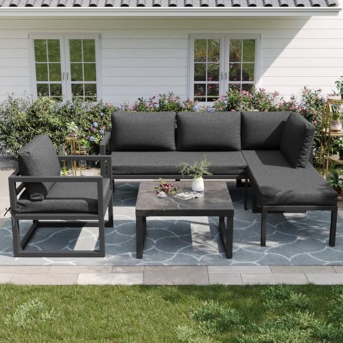 Gartenlounge Gartenmöbel Set 4-TLG für 5, Gartensofa Set mit 2 Doppelsofa, 1 Einzelsessel und 1 Couchtisch, Sitzgruppe Möbel Outdoor mit Tisch und Sofa, Alle Kissen inklusive, Grau von IHO SOFA
