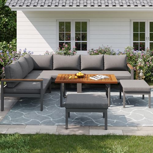 Gartenmöbel Lounge Set 6-TLG für 7-8, Ecklounge Outdoor, Outdoor Loungemöbel Set mit 3 2er-Sofa 2 Hocker und 1 Tisch, Sitzgruppe Gartengarnitur aus Verzinktem Eisengestell, Grau von IHO SOFA