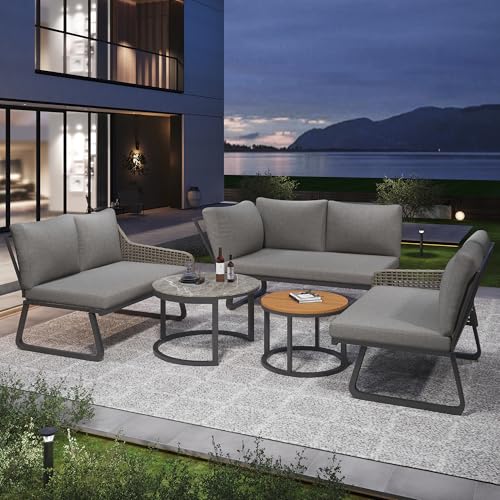 Gartenmöbel Set Rattan Wetterfest 5-TLG für 5-6, Lounge Möbel Outdoor mit 3 2er Sofa und 2 Couchtische, Gartengarnitur Sitzgruppe Outdoor aus Verzinktem Eisengestell, Grau von IHO SOFA