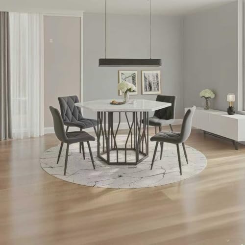 IHO SOFA 115,5x100cm Esstisch mit 4 Stühlen Set, Essgruppe mit Sechseckiger Küchentisch und Esszimmerstühle, Esstisch mit Stühle, MDF Tischplatte in Weiße und Grau Samt Küchenstühle von IHO SOFA