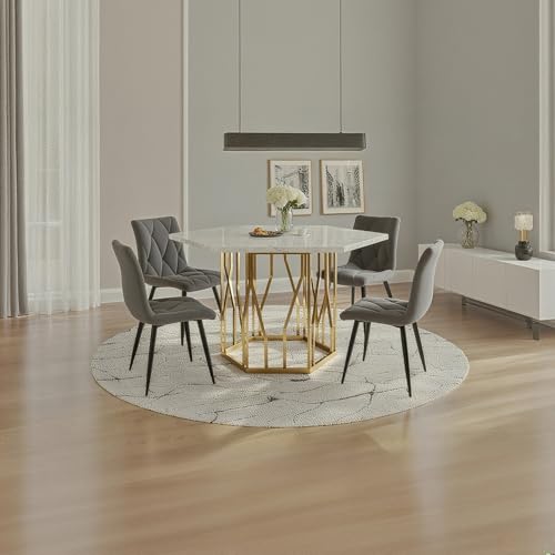 IHO SOFA 115,5x100cm Esstisch mit 4 Stühlen Set, Essgruppe mit Sechseckiger Küchentisch und Esszimmerstühle, Esstisch mit Stühle, MDF Tischplatte in Weiße und Grau Samt Küchenstühle von IHO SOFA