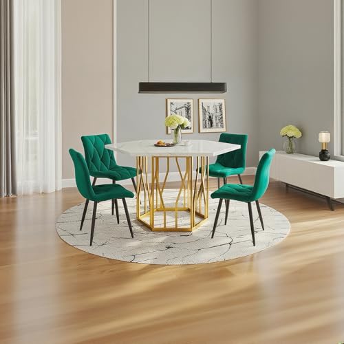 IHO SOFA 115,5x100cm Esstisch mit 4 Stühlen Set, Essgruppe mit Sechseckiger Küchentisch und Esszimmerstühle, Esstisch mit Stühle, MDF Tischplatte in Weiße und Grün Samt Küchenstühle von IHO SOFA