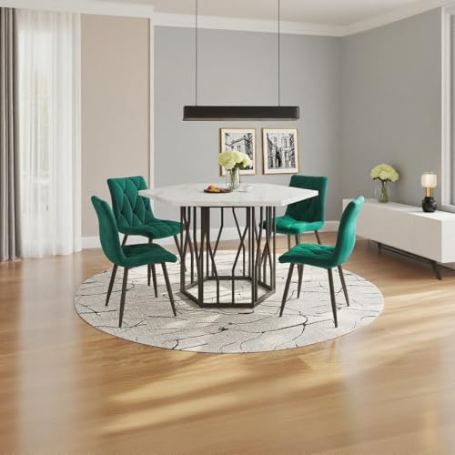 IHO SOFA 115,5x100cm Esstisch mit 4 Stühlen Set, Essgruppe mit Sechseckiger Küchentisch und Esszimmerstühle, Esstisch mit Stühle, MDF Tischplatte in Weiße und Grün Samt Küchenstühle von IHO SOFA