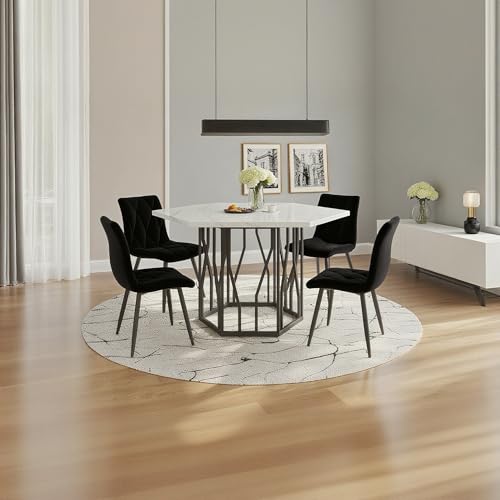 IHO SOFA 115,5x100cm Esstisch mit 4 Stühlen Set, Essgruppe mit Sechseckiger Küchentisch und Esszimmerstühle, Esstisch mit Stühle, MDF Tischplatte in Weiße und Schwarz Samt Küchenstühle von IHO SOFA