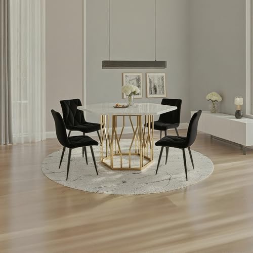 IHO SOFA 115,5x100cm Esstisch mit 4 Stühlen Set, Essgruppe mit Sechseckiger Küchentisch und Esszimmerstühle, Esstisch mit Stühle, MDF Tischplatte in Weiße und Schwarz Samt Küchenstühle von IHO SOFA