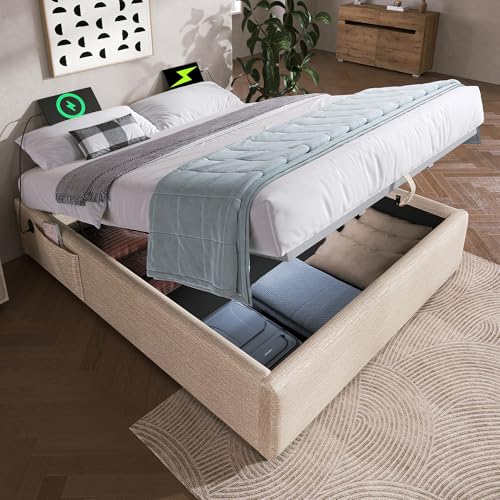 IHO SOFA Holzbett Jugendbett Doppelbett 140x200cm mit USB/Type-C Ladestation & Hydraulik Stauraum, Polsterbett in Leinen ohne Kopfteil Inkl. Massivholz Lattenrost, Natürlich (Ohne Matratze) von IHO SOFA