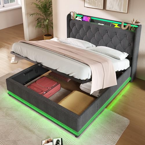 IHO SOFA Jugendbett Doppelbett Polsterbett 160x200cm mit Hydraulik Stauraum & USB TYP-C Ladestation | Polsterbett in Leinen mit Tufting Kopfteil | Stabiler Metallrahmen, Grau (Ohne Matratze) von IHO SOFA