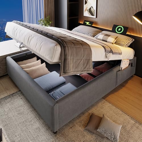 IHO SOFA Jugendbett Holzbett Doppelbett 140x200cm mit USB/Type-C Ladestation & Hydraulik Stauraum | Polsterbett in Leinen ohne Kopfteil Inkl. Massivholz Lattenrost, Grau (Ohne Matratze) von IHO SOFA