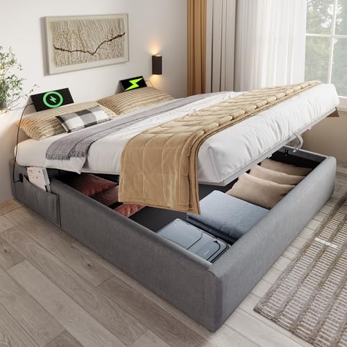 IHO SOFA Jugendbett Holzbett Doppelbett 160x200cm mit USB/Type-C Ladestation & Hydraulik Stauraum | Polsterbett in Leinen ohne Kopfteil Inkl. Massivholz Lattenrost, Grau (Ohne Matratze) von IHO SOFA