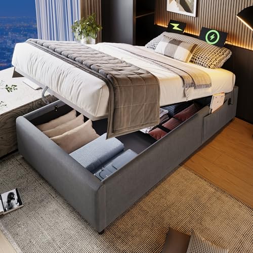 IHO SOFA Jugendbett Holzbett Einzelbett 90x190cm mit USB/Type-C Ladestation & Hydraulik Stauraum | Polsterbett in Leinen ohne Kopfteil Inkl. Massivholz Lattenrost, Grau (Ohne Matratze) von IHO SOFA