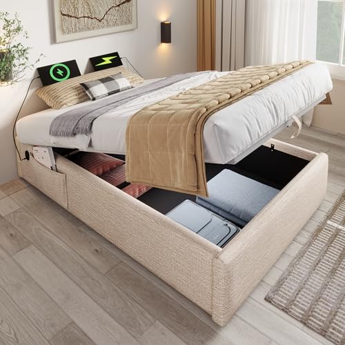 IHO SOFA Jugendbett Holzbett Einzelbett 90x190cm mit USB/Type-C Ladestation & Hydraulik Stauraum | Polsterbett in Leinen ohne Kopfteil Inkl. Massivholz Lattenrost, Natürlich (Ohne Matratze) von IHO SOFA