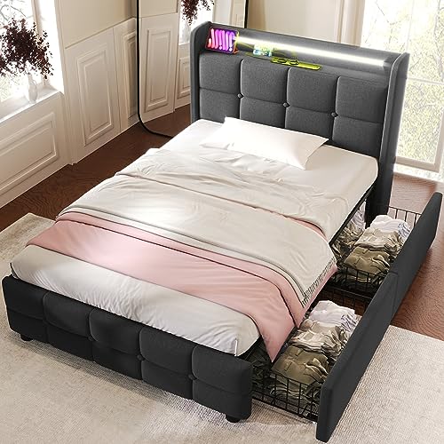 IHO SOFA Kinderbett Einzelbett Stauraumbett 90x200cm mit USB Ladestation & 2 Schubladen, Polsterbett in Grau mit Stauraum Kopfteil | Metallbett Inkl. Holzlattenrost, Grau (Ohne Matratze) von IHO SOFA