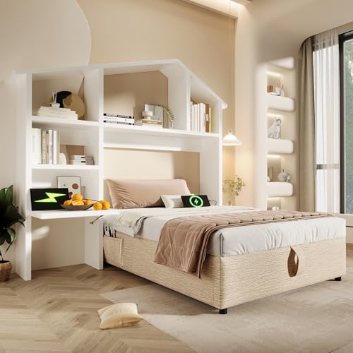 IHO SOFA Kinderbett Polsterbett 90x190cm mit Weißes Bücherregal & Hydraulik Stauraum | Jugendbett Einzelbett mit USB/Type-C Ladestation | Inkl. Lattenrost, Leinen, Natürlich (Ohne Matratze) von IHO SOFA