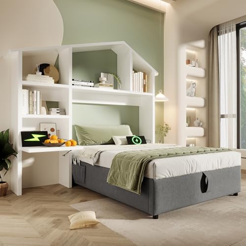 IHO SOFA Kinderbett Polsterbett 90x200cm mit Weißes Bücherregal & Hydraulik Stauraum | Jugendbett Einzelbett mit USB/Type-C Ladestation | Inkl. Lattenrost, Leinen, Grau (Ohne Matratze) von IHO SOFA