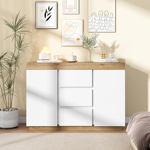 IHO SOFA Kommode Weiß mit 3 Schubladen und 2 Türen 120 cm, Sideboard Schubladenschrank für Schlafzimmer Wohnzimmer, Komodenschrank Beistellschrank aus Holz Griffenlose, Weiß & Eiche 120x82x40 cm von IHO SOFA