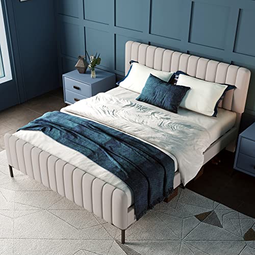 IHO SOFA Polsterbett Jugendbett Doppelbett 180x200cm mit Bettgestell mit Lattenrost und Verstellbares Kopfteil, Schlafbett in Grau-Beige, Leinenoptik Stabiler Metallrahmen (Ohne Matratze) von IHO SOFA