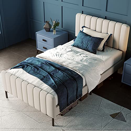 IHO SOFA Polsterbett Jugendbett Einzelbett 90x200cm mit Bettgestell mit Lattenrost und Verstellbares Kopfteil, Schlafbett in Grau-Beige, Leinenoptik Stabiler Metallrahmen (Ohne Matratze) von IHO SOFA
