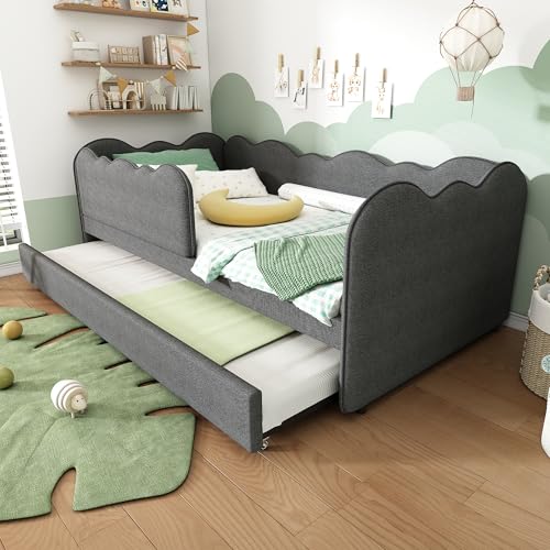 Kinderbett Polsterbett Daybett 90x190cm mit Ausziehbett & L-Form Design | Tagesbett Schlafsofa in Leinen Grau mit Lattenrost | Platzsparend für kleine Räume, Grau (Ohne Matratze) von IHO SOFA