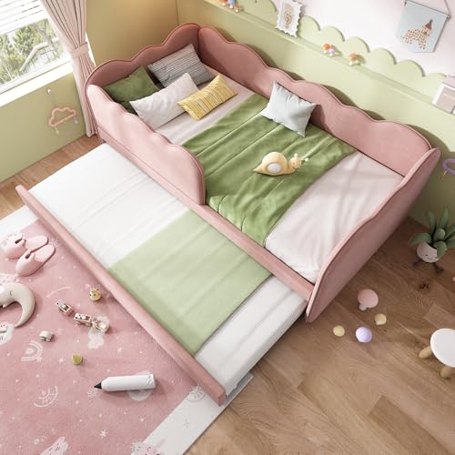 Kinderbett Polsterbett Daybett 90x190cm mit Ausziehbett & L-Form Design | Tagesbett Schlafsofa in Samt Rosa mit Lattenrost | Platzsparend für kleine Räume, Rosa (Ohne Matratze) von IHO SOFA