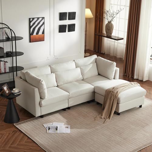 Modernes 3 Sitzer Sofa mit Fußhocker 220x83x81 cm (BxTxH), Hohe Rückenlehne & 3 verstellbare Kissen | Wohnzimmersofa, Couch L Form mit Schlaffunktion, fürs Wohnung/Wohnzimmer, Beige von IHO SOFA