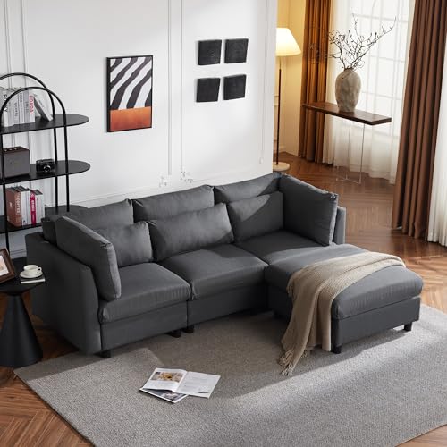 Modernes 3 Sitzer Sofa mit Fußhocker 220x83x81 cm (BxTxH), Hohe Rückenlehne & 3 verstellbare Kissen | Wohnzimmersofa, Couch L Form mit Schlaffunktion, fürs Wohnung/Wohnzimmer, Grau von IHO SOFA