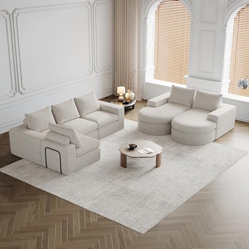Modulares Sofa, Ecksofa mit Chaiselongue 322 x 271 x 81 cm, Multi-Sitz-Sofas, Modulares Sofa, Chenille-Sofa mit gebogenen Elementen und Liegestuhl, Modulares Kombinationssofa, Beige von IHO SOFA