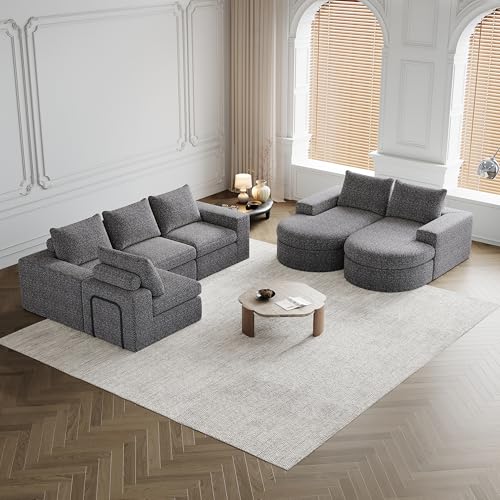 Modulares Sofa, Ecksofa mit Chaiselongue 322 x 271 x 81 cm, Multi-Sitz-Sofas, Modulares Sofa, Chenille-Sofa mit gebogenen Elementen und Liegestuhl, Modulares Kombinationssofa, Grau von IHO SOFA