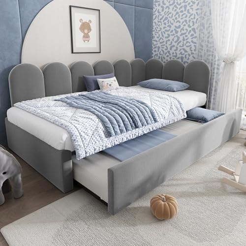 Polsterbett Kinderbett Tagesbett 90x200cm mit Ausziehbett 90x190cm | Daybett Schlafsofa mit Lattenrost in Samt | Platzsparend für Kinderzimmer & Gästezimmer, Grau (Ohne Matratze) von IHO SOFA