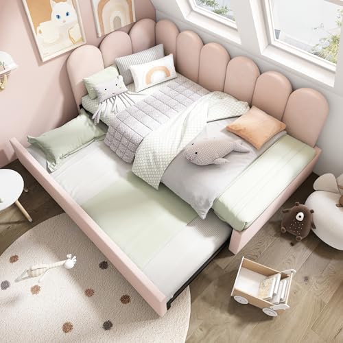 Polsterbett Kinderbett Tagesbett 90x200cm mit Ausziehbett 90x190cm | Daybett Schlafsofa mit Lattenrost in Samt | Platzsparend für Kinderzimmer & Gästezimmer, Rosa (Ohne Matratze) von IHO SOFA