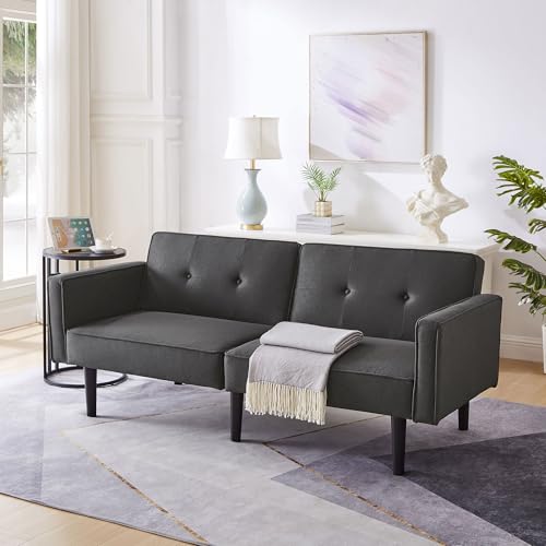 Zweisitzer Couch mit Schlaffunktion, Leinen Klappsofa mit Verstellbare Rückenlehne, 2 in 1 Bettcouch, Ausziehbar Schlafcouch mit Hochdichter Schaumstoff, Kleine Sofa 176x76 cm, Schwarz von IHO SOFA