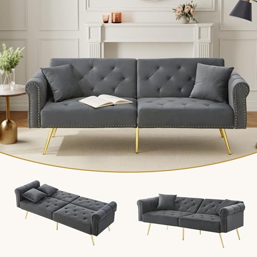 Zweisitzer Sofa mit Schlaffunktion, Samt Klappsofa mit Verstellbare Rückenlehne, Schlafcouch Ausziehbar mit 6 Vergoldeten Füßen, Kleine Sofas für Kleine Räume, 173x75 cm, Grau von IHO SOFA