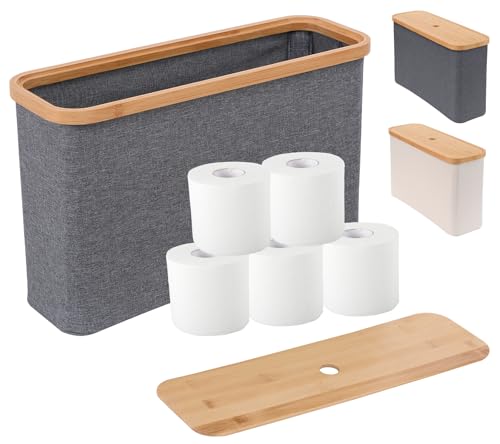 IHOMAGIC 19L Toilettenpapier Aufbewahrungskorb mit Deckel, Stehend Bambus Badezimmer Organizer, Faltbare Klopapier Aufbewahrungsbox Bad für 8 Rollen, Vielseitig Aufbewahrungsbox Badezimmer, Hellgrau von IHOMAGIC