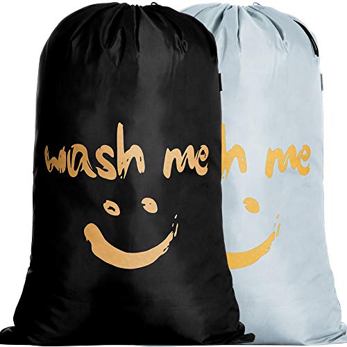 IHOMAGIC 2Pack Wäschesäcke mit Kordelzug Reise Schmutzwäsche Wash me Wäschesammler RIP-Stop Wäschetasche für Reise Wohnungen oder Häuser Goldene Lächeln Wäschebehälter 66x96cm, Schwarz/Silbrig von IHOMAGIC